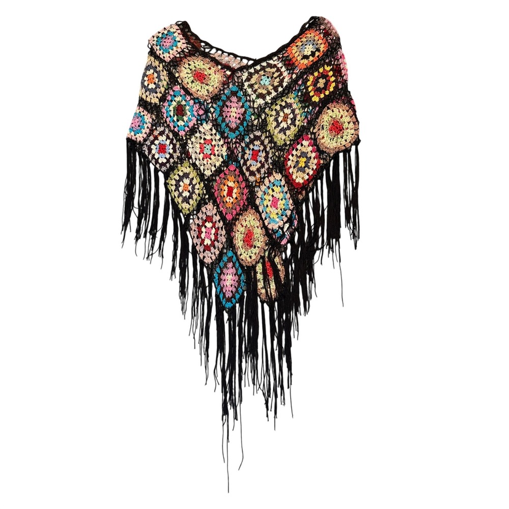 Granny Square Crochet Poncho Women Fringe One Size Multicolor Boho Hippy